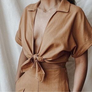 Linen Feel Deep Plunge Cropped Shirt